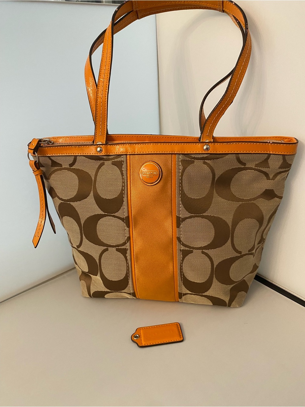 Coach Signature Striped Tote, Khaki and Spiced Orange